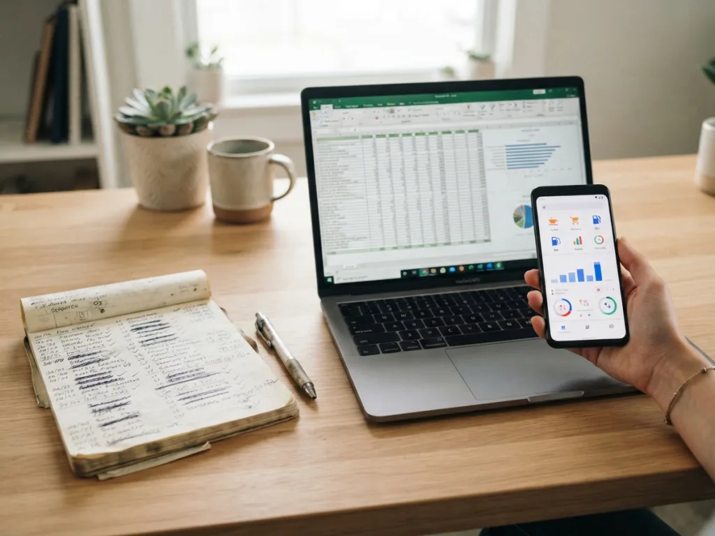 Comparison of manual expense log notebook vs smart mobile expense tracking app