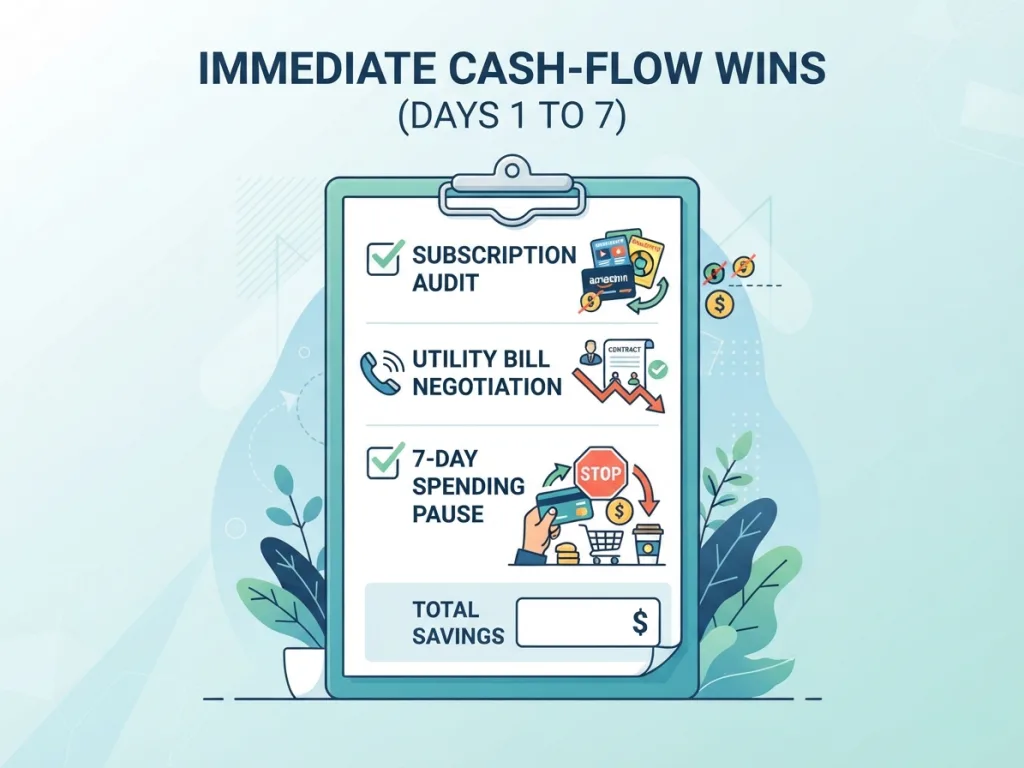 Checklist of immediate action steps to save money fast in 7 days