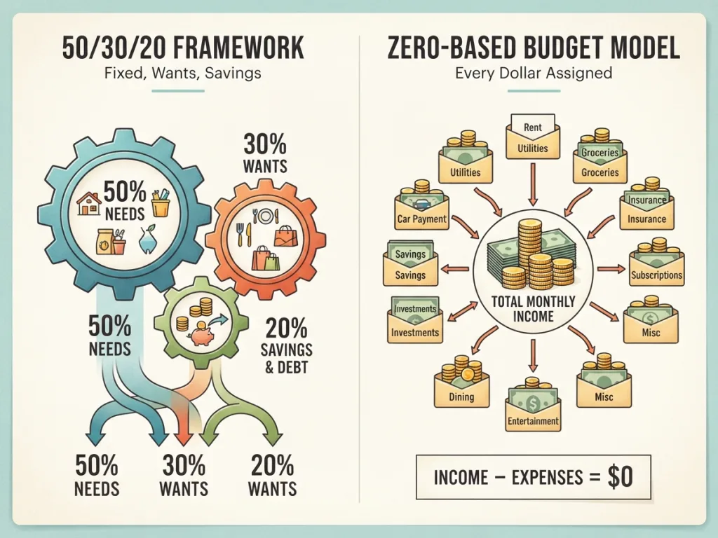 Comparison chart of 50/30/20 rule versus zero-based budgeting