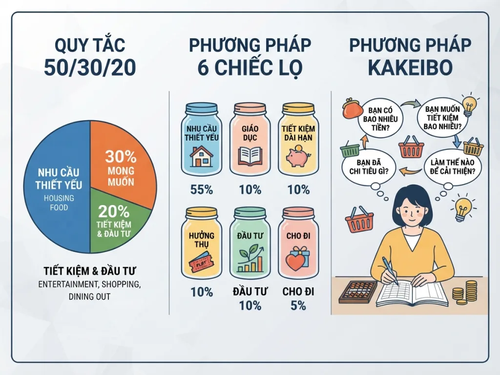 So sánh 3 phương pháp quản lý tài chính cá nhân 50/30/20, 6 chiếc lọ và Kakeibo