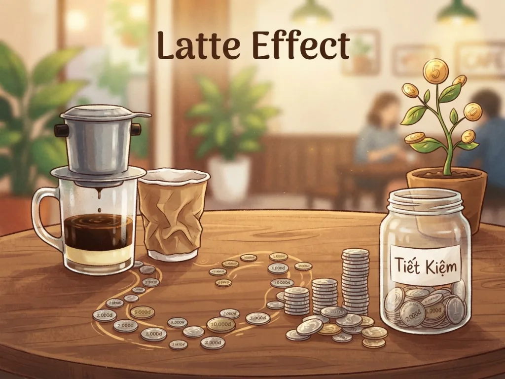 Minh họa hiệu ứng cà phê latte và ảnh hưởng đến tiền tiết kiệm hàng tháng
