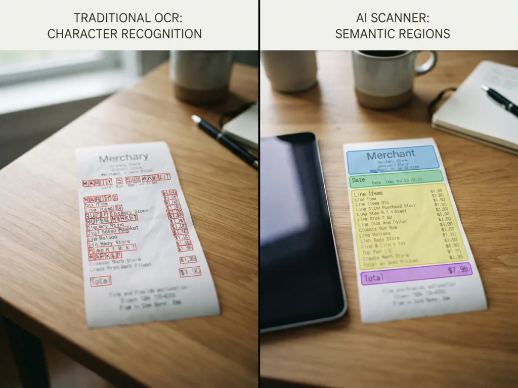 Diagram comparing pixel character recognition in traditional OCR with semantic region detection in AI receipt scanning