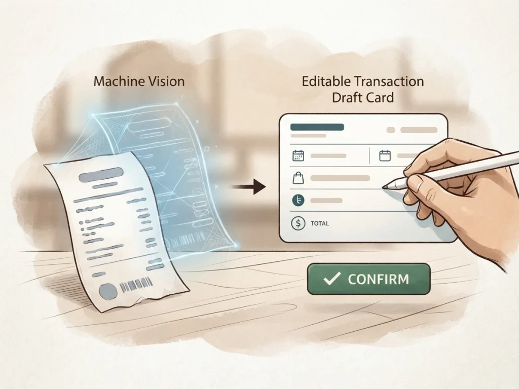 Mobile interface showing a scanned receipt alongside an editable transaction draft for human review
