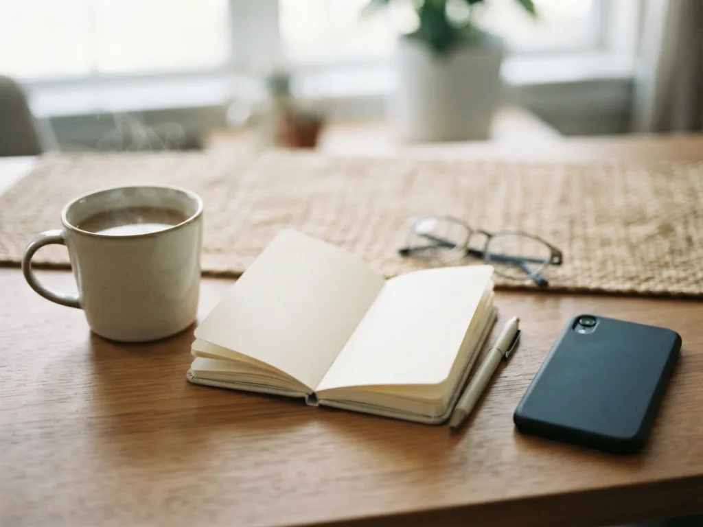Morning coffee desk setup with smartphone showing daily expense check-in dashboard