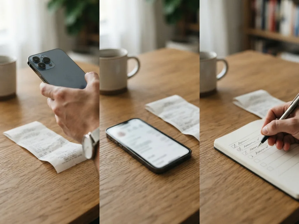 Illustration of the 3-step expense tracking workflow showing receipt capture, draft review, and user confirmation.