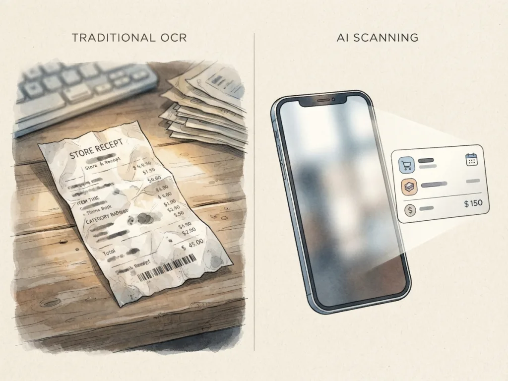 Comparison view between a printed paper receipt and a clean digital expense entry on a mobile screen.