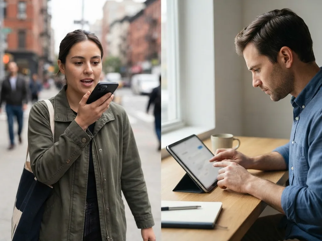 Comparison of hands-free voice expense logging on the move versus manual typing on a mobile screen.