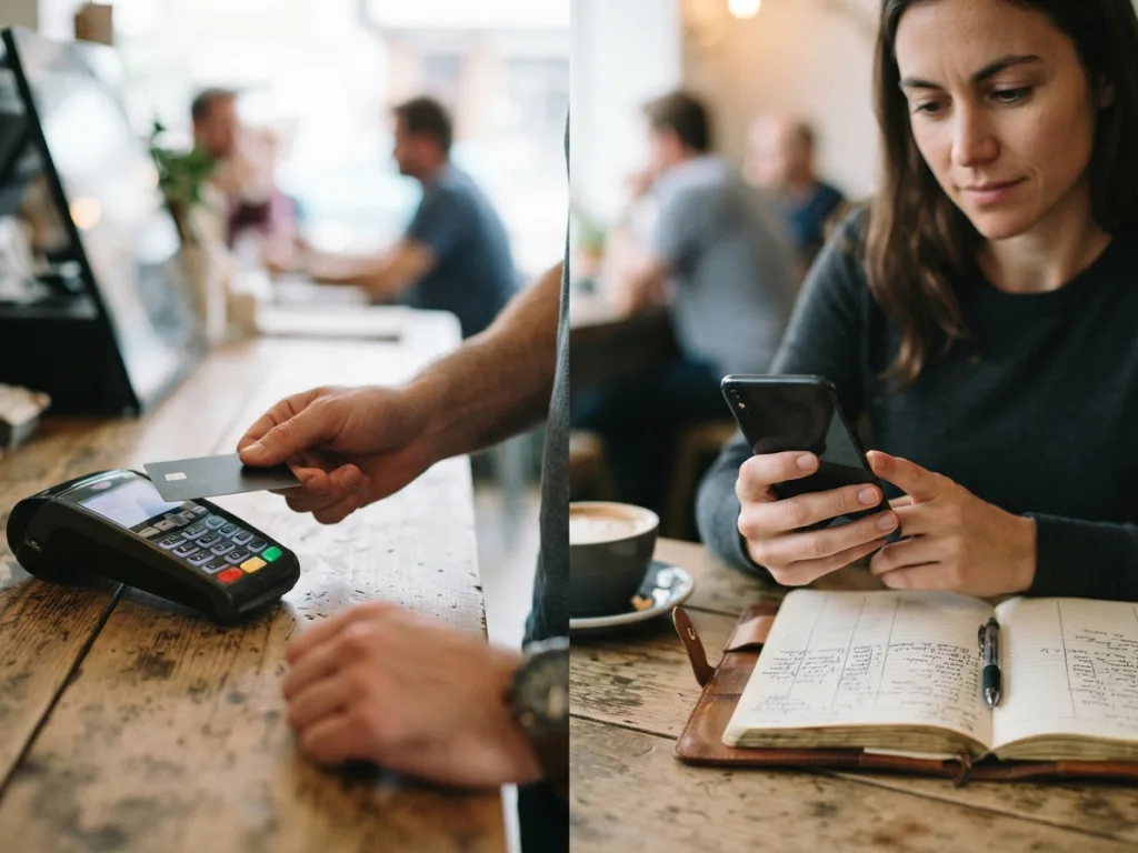 Illustration comparing passive card spending and mindful expense review on a mobile app.