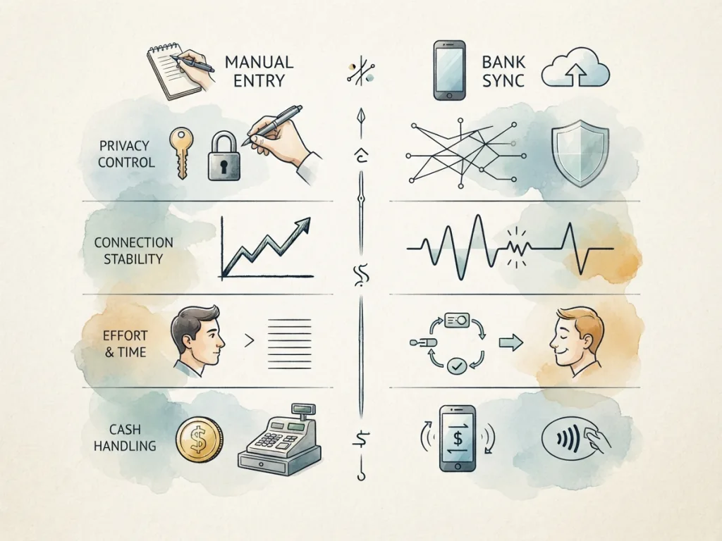 Comparison table chart comparing manual tracking vs bank sync features.