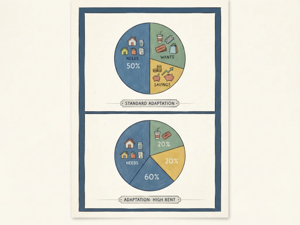 Comparison chart showing adaptations of the 50 30 20 rule for high housing costs and high savings goals